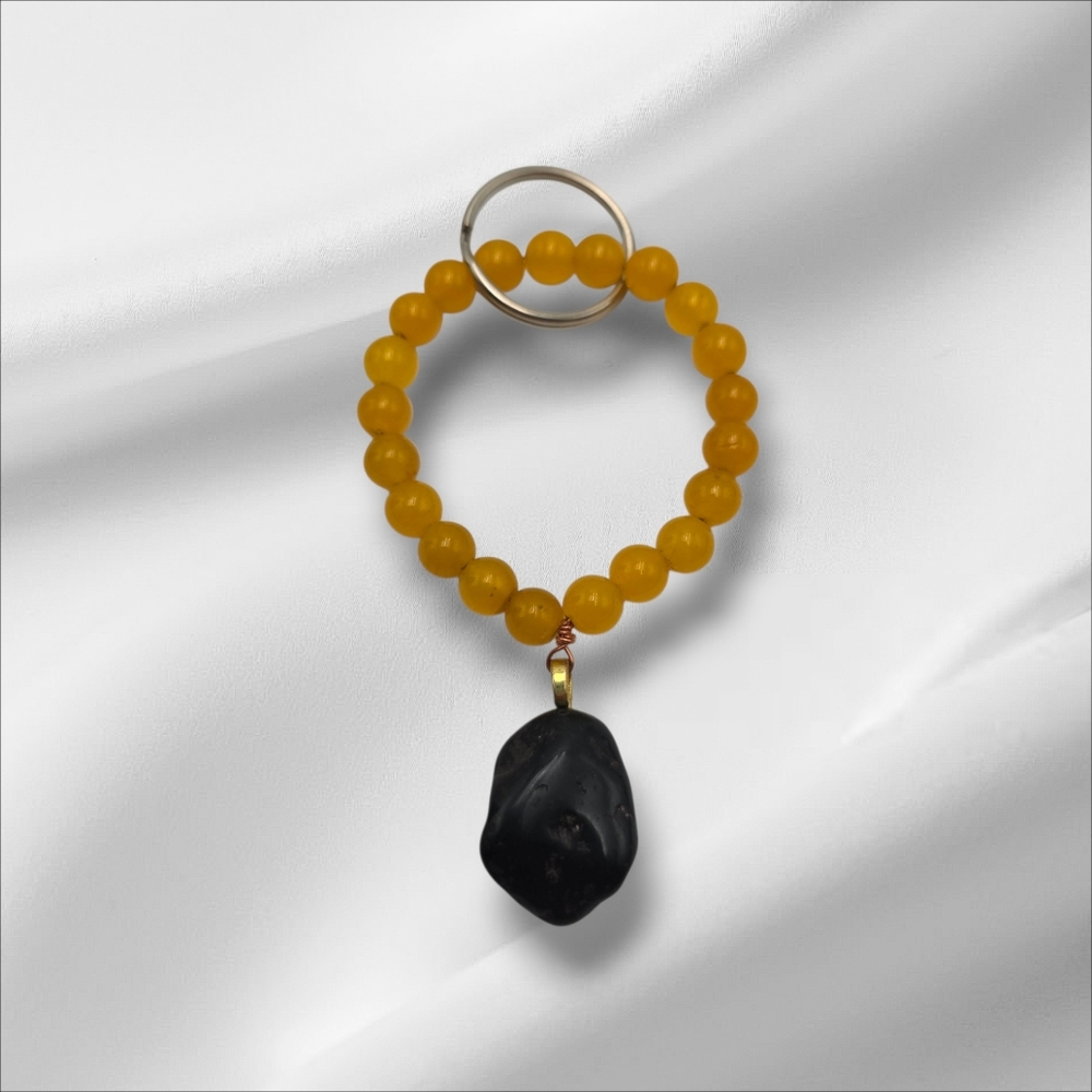 Stylish Yellow Beaded Keychain with Black Obsidian Stone Pendant Charm - Picture 2 of 4